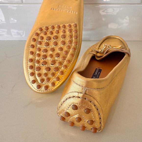 Ralph Lauren Purple Label Laine Driving Flats Gold Nappa Leather - Picture 7 of 11